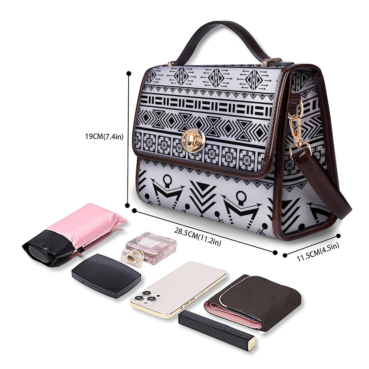 Aztec Grey And White Print Pattern Women's Satchel Bag - Image 4