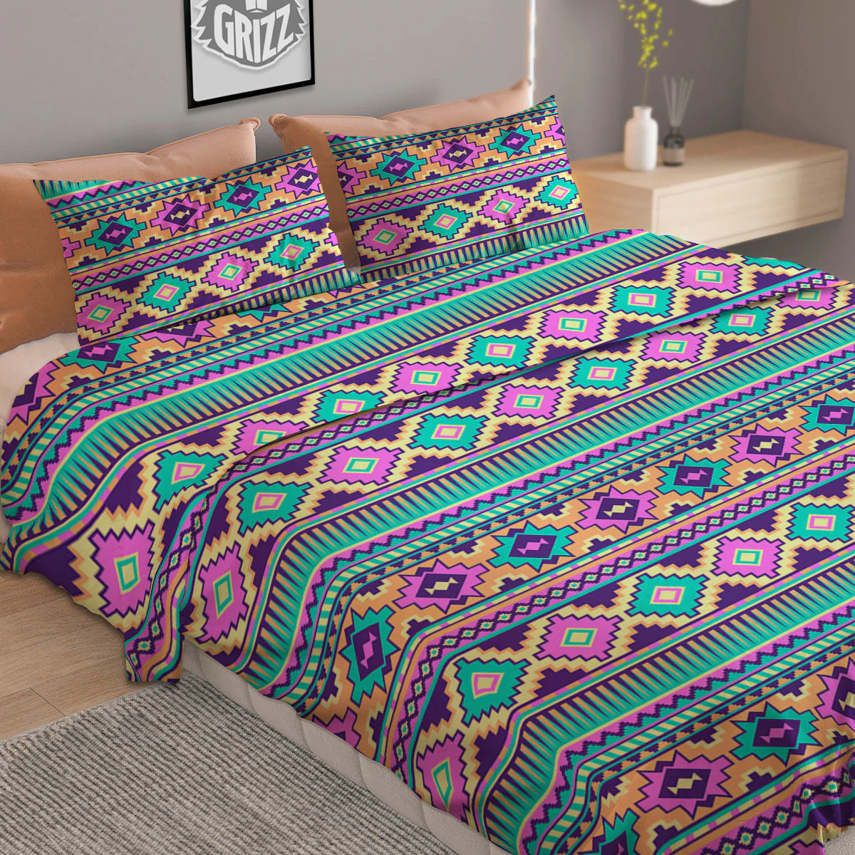Aztec Neon Native Print Pattern Duvet Cover Bedding Set - Image 2
