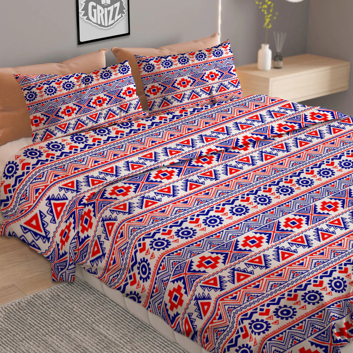 Aztec Red And Blue Print Pattern Duvet Cover Bedding Set - Image 2