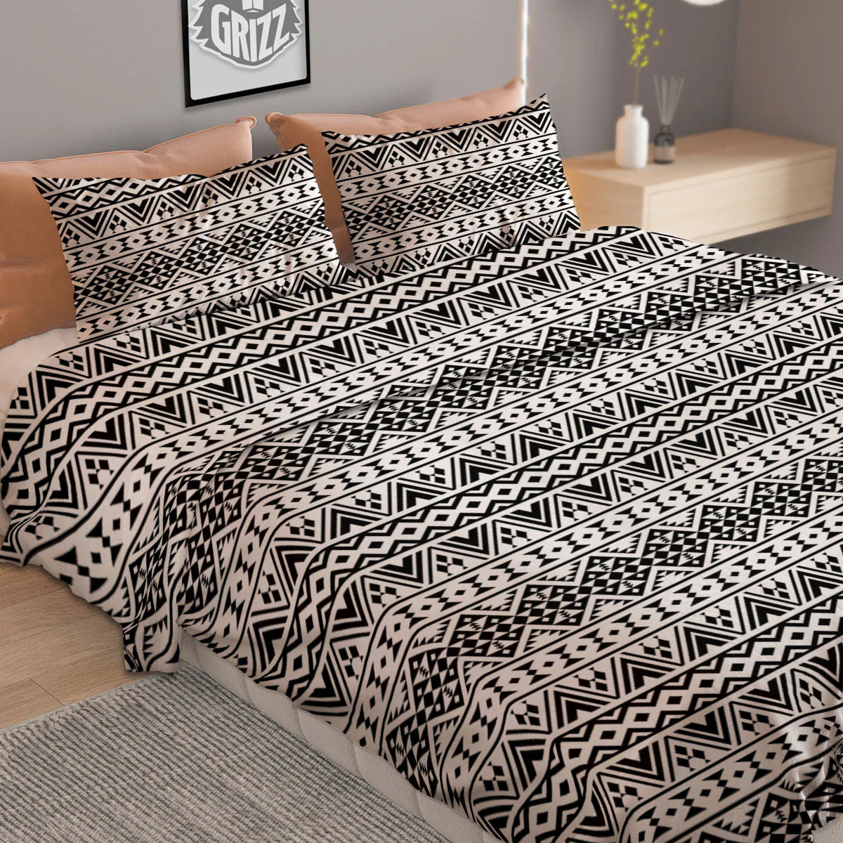 Aztec Texture White And Black Print Pattern Duvet Cover Bedding Set - Image 2