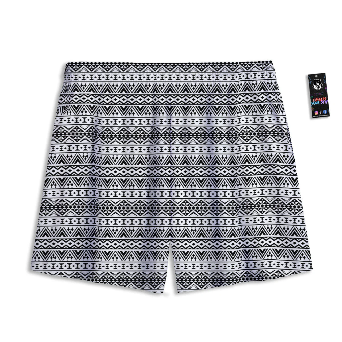 Aztec Texture White And Black Print Pattern Mesh Shorts - Image 2