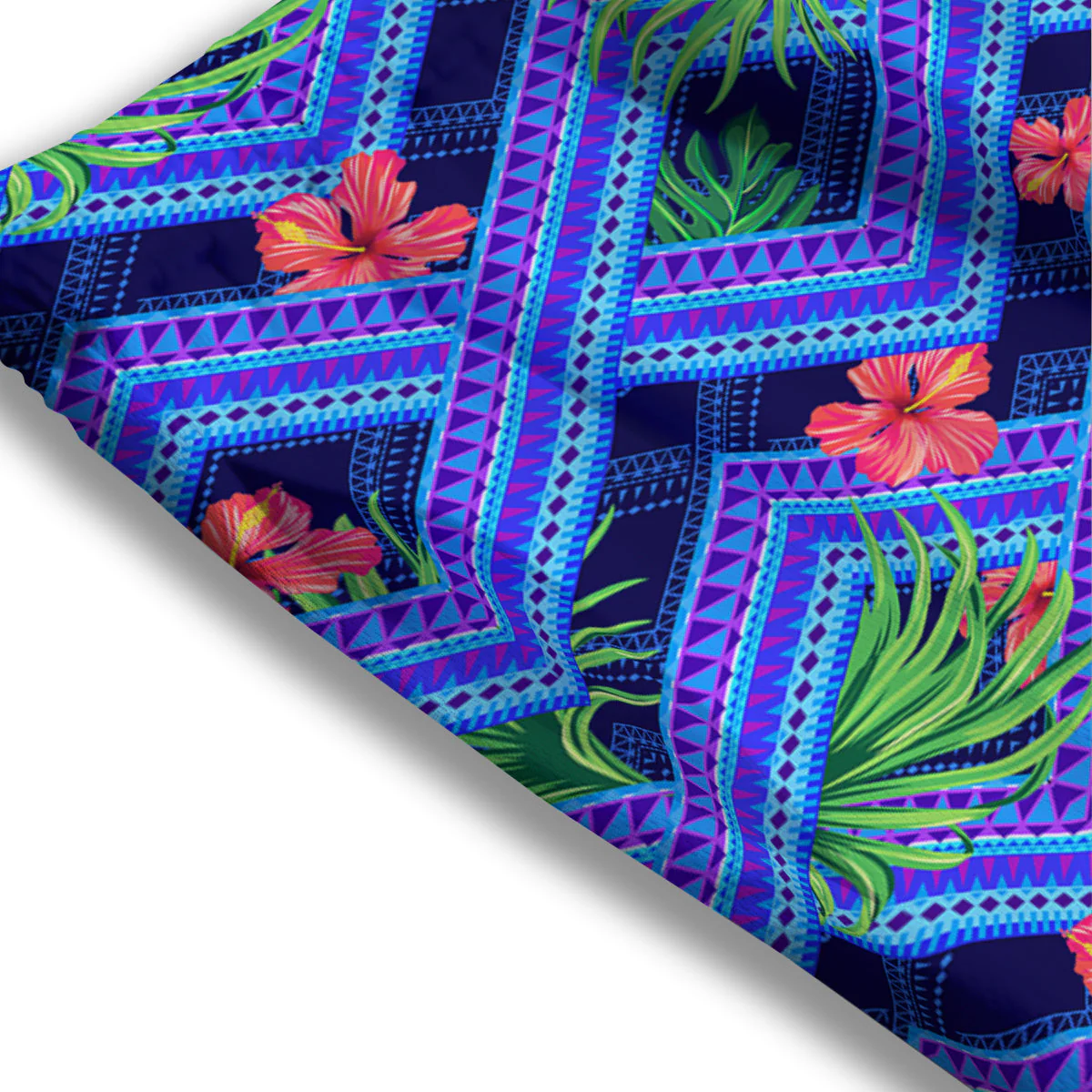 Aztec Tropical Hibiscus Flower Print Pattern Mesh Shorts - Image 3