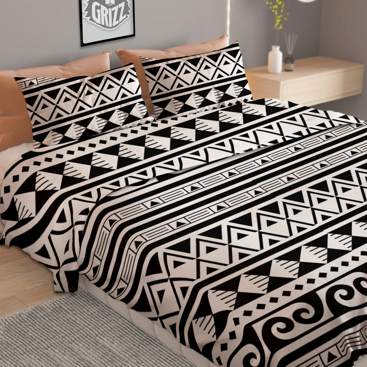 Aztec White And Black Print Pattern Duvet Cover Bedding Set - Image 2