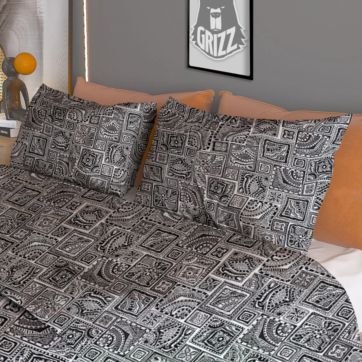 Aztec White And Grey Print Pattern Duvet Cover Bedding Set - Image 3