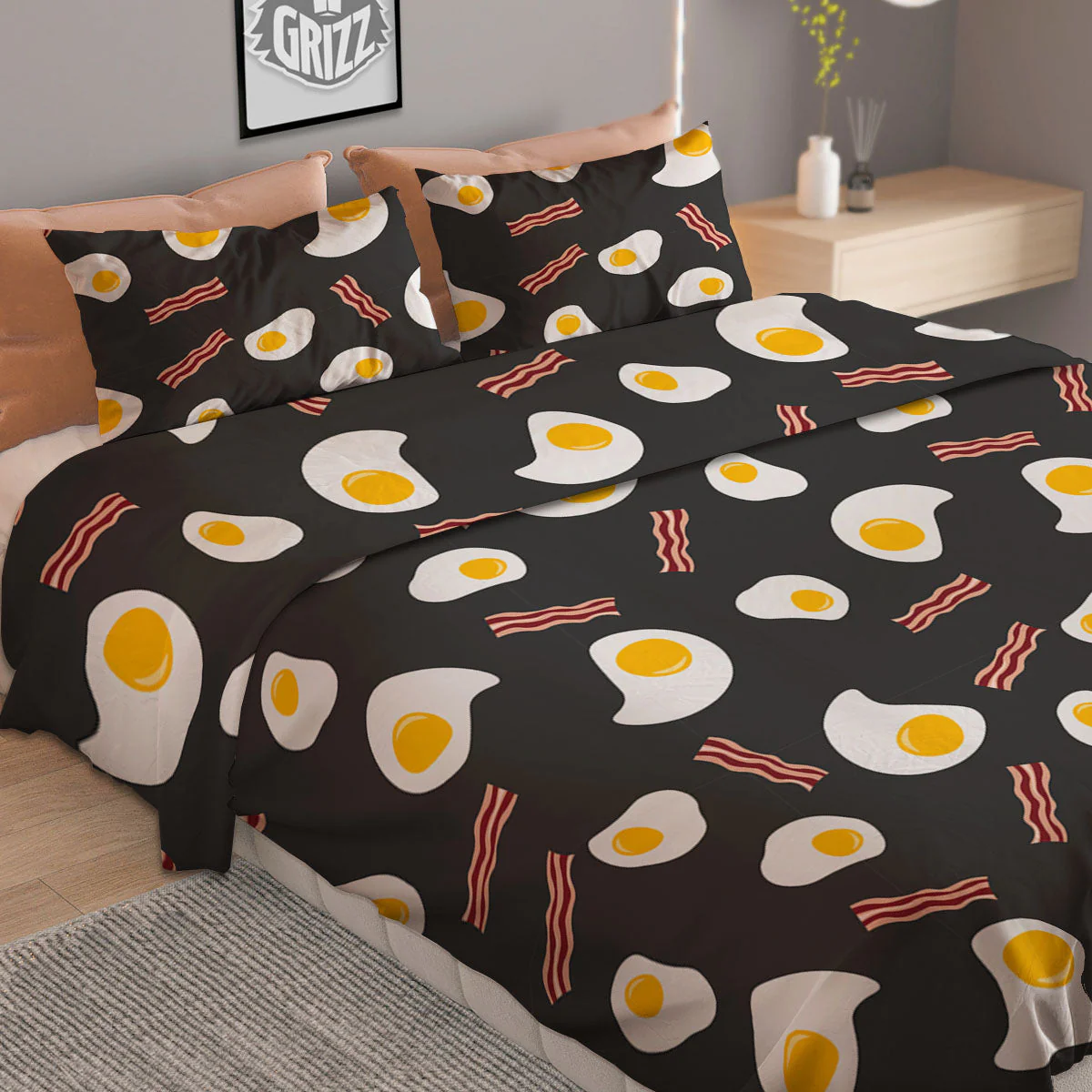 Bacon And Black Fried Egg Print Pattern Duvet Cover Bedding Set - Image 2