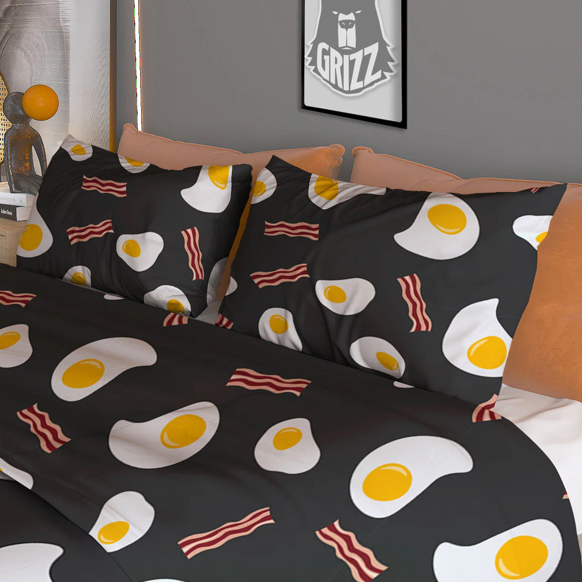 Bacon And Black Fried Egg Print Pattern Duvet Cover Bedding Set - Image 3