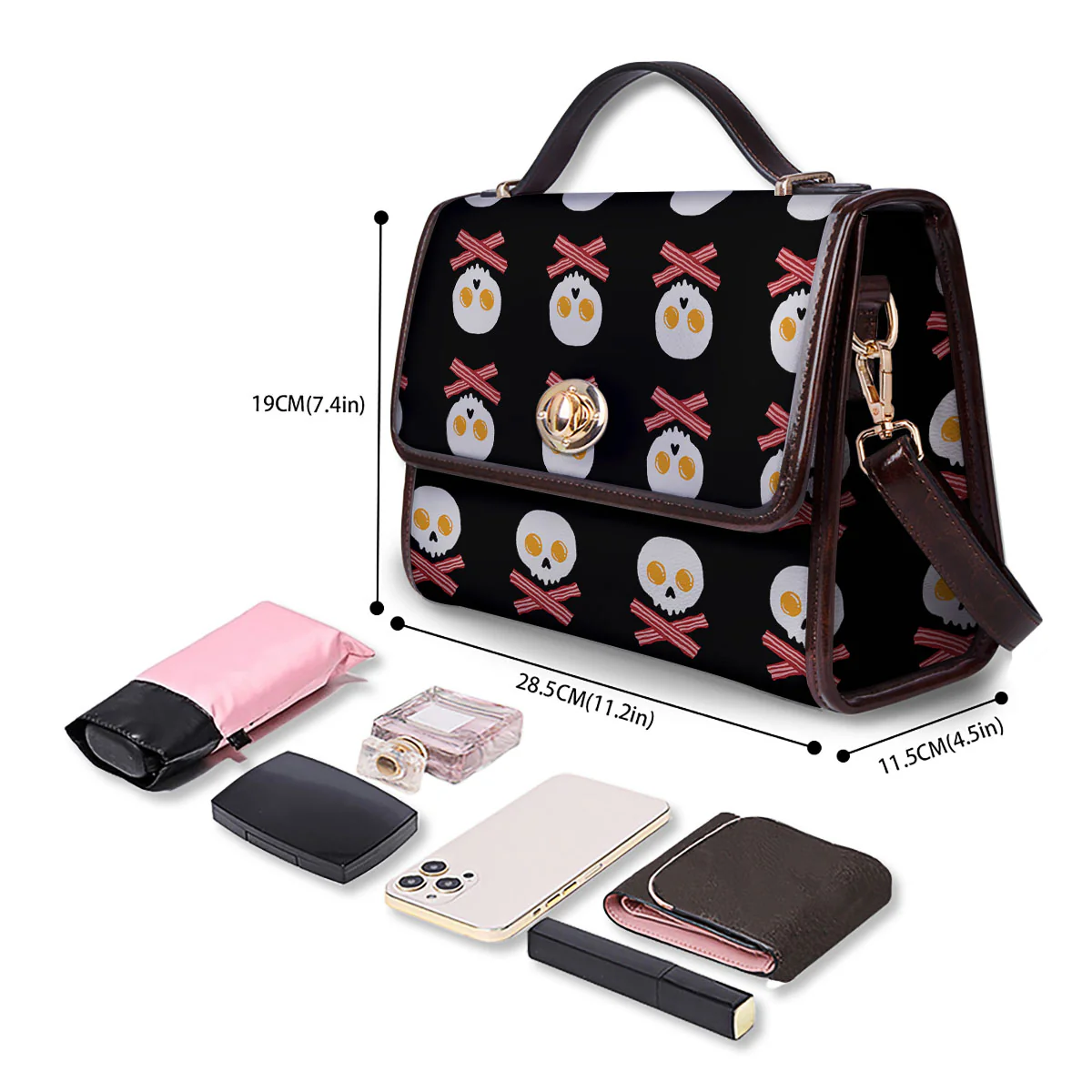Bacon And Skull Fried Egg Print Pattern Women's Satchel Bag - Image 4