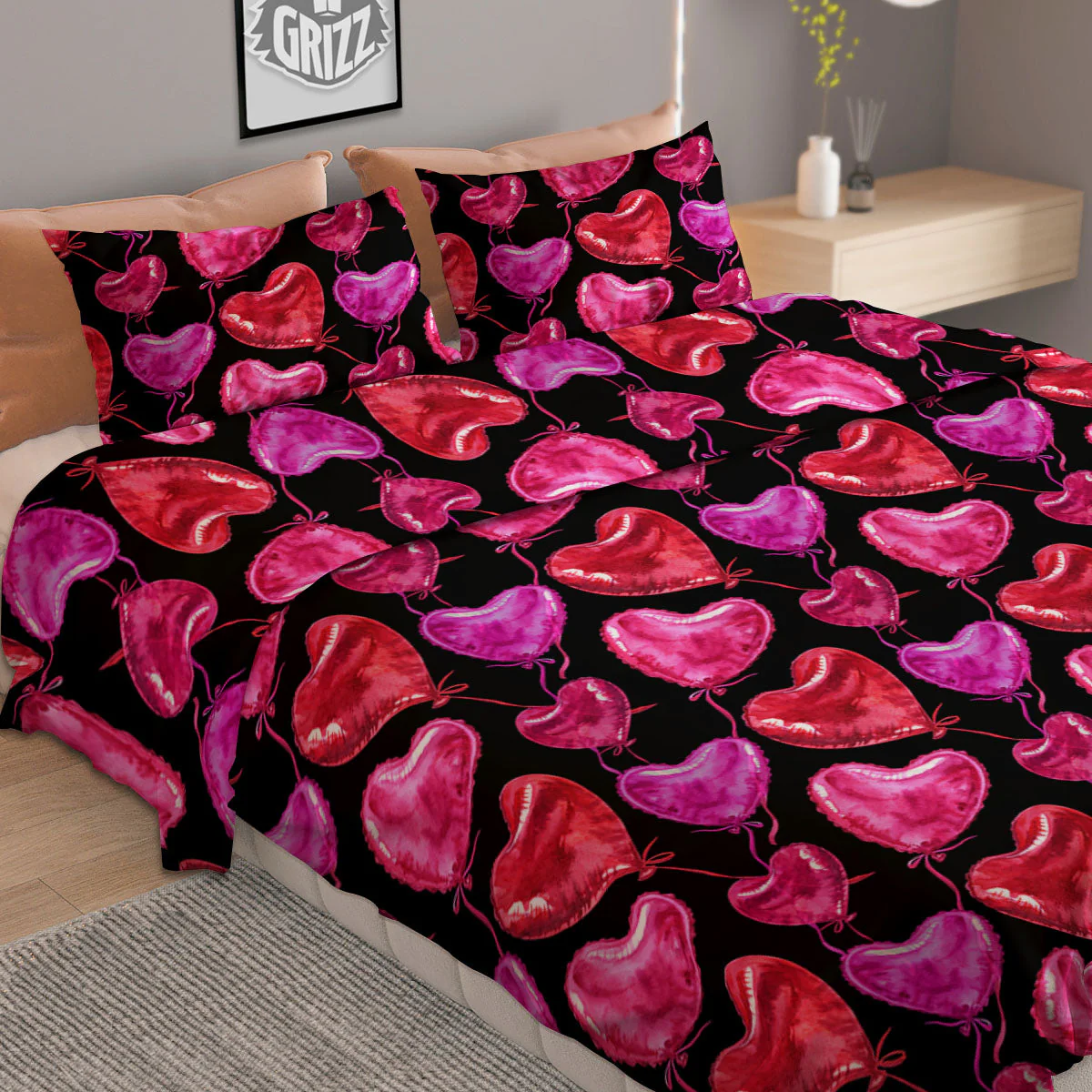 Balloon Red Heart Print Pattern Duvet Cover Bedding Set - Image 2