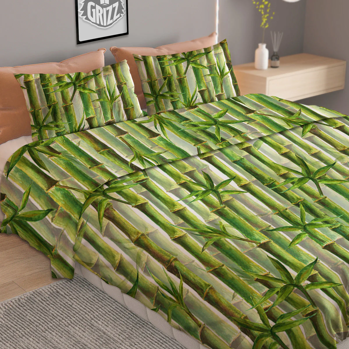Bamboo Watercolor Print Pattern Duvet Cover Bedding Set - Image 2