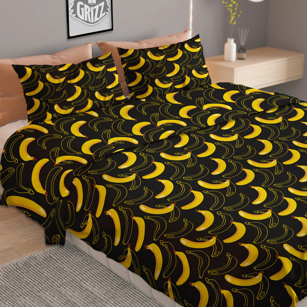 Banana Black Cartoon Print Pattern Duvet Cover Bedding Set - Image 2