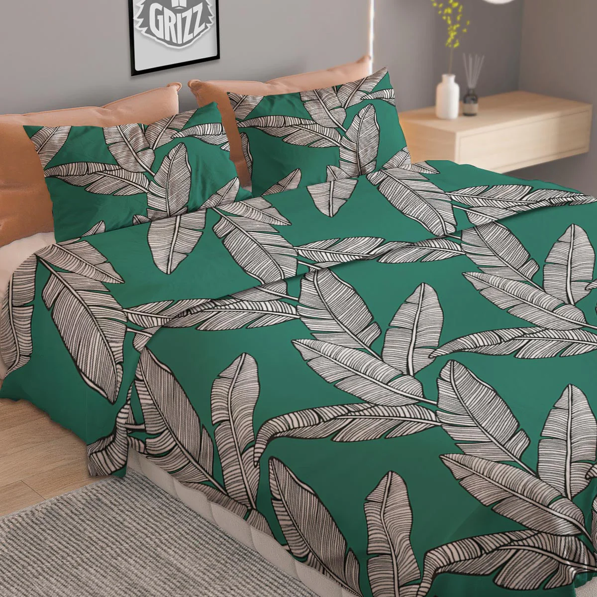 Banana Leaves Teal Print Pattern Duvet Cover Bedding Set - Image 2