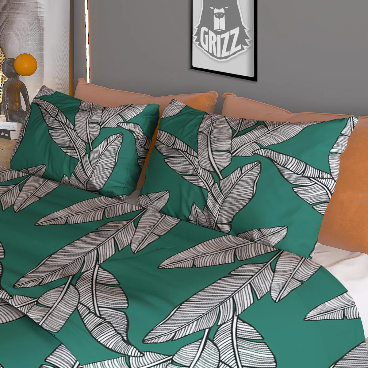 Banana Leaves Teal Print Pattern Duvet Cover Bedding Set - Image 3