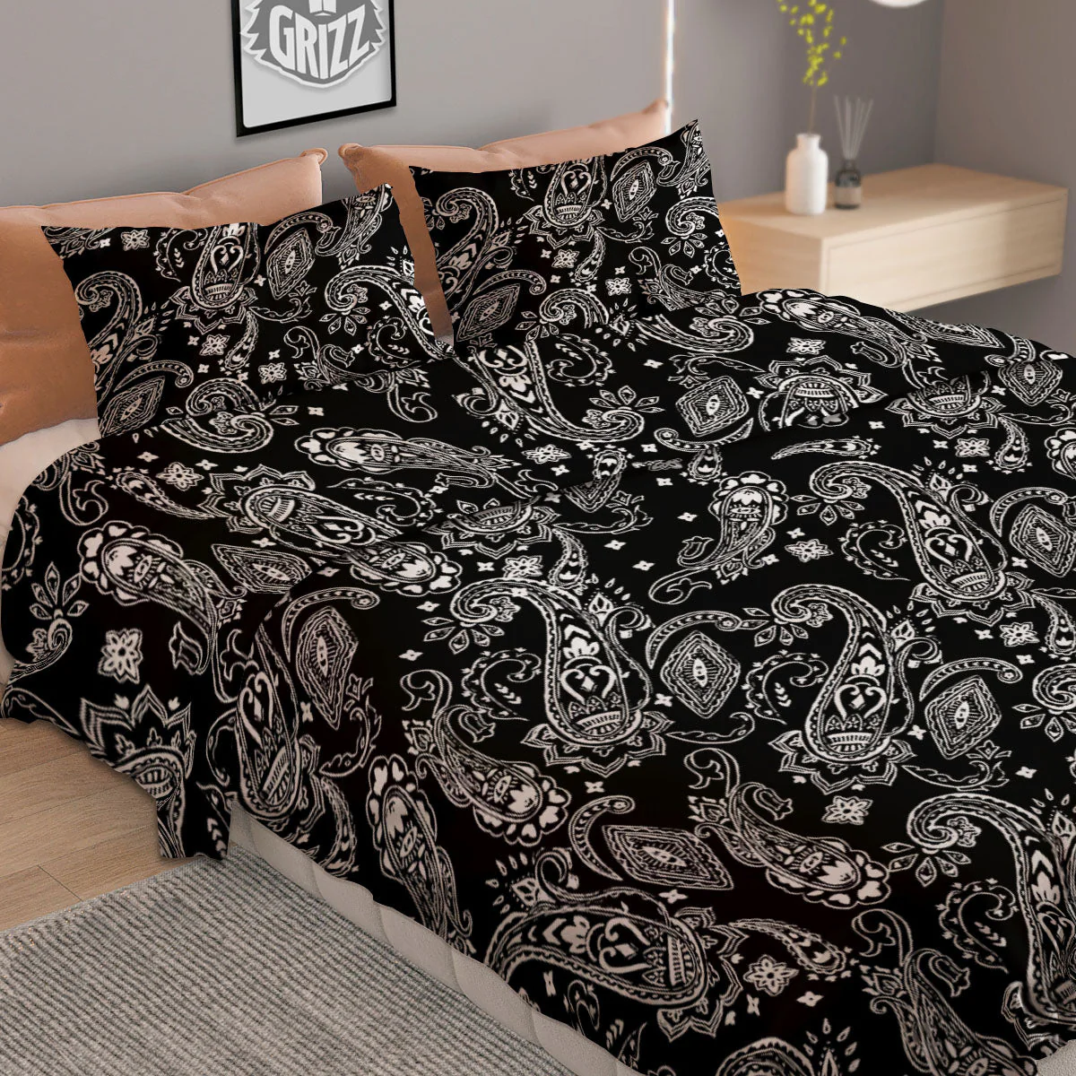 Bandana Black Paisley Print Pattern Duvet Cover Bedding Set - Image 2