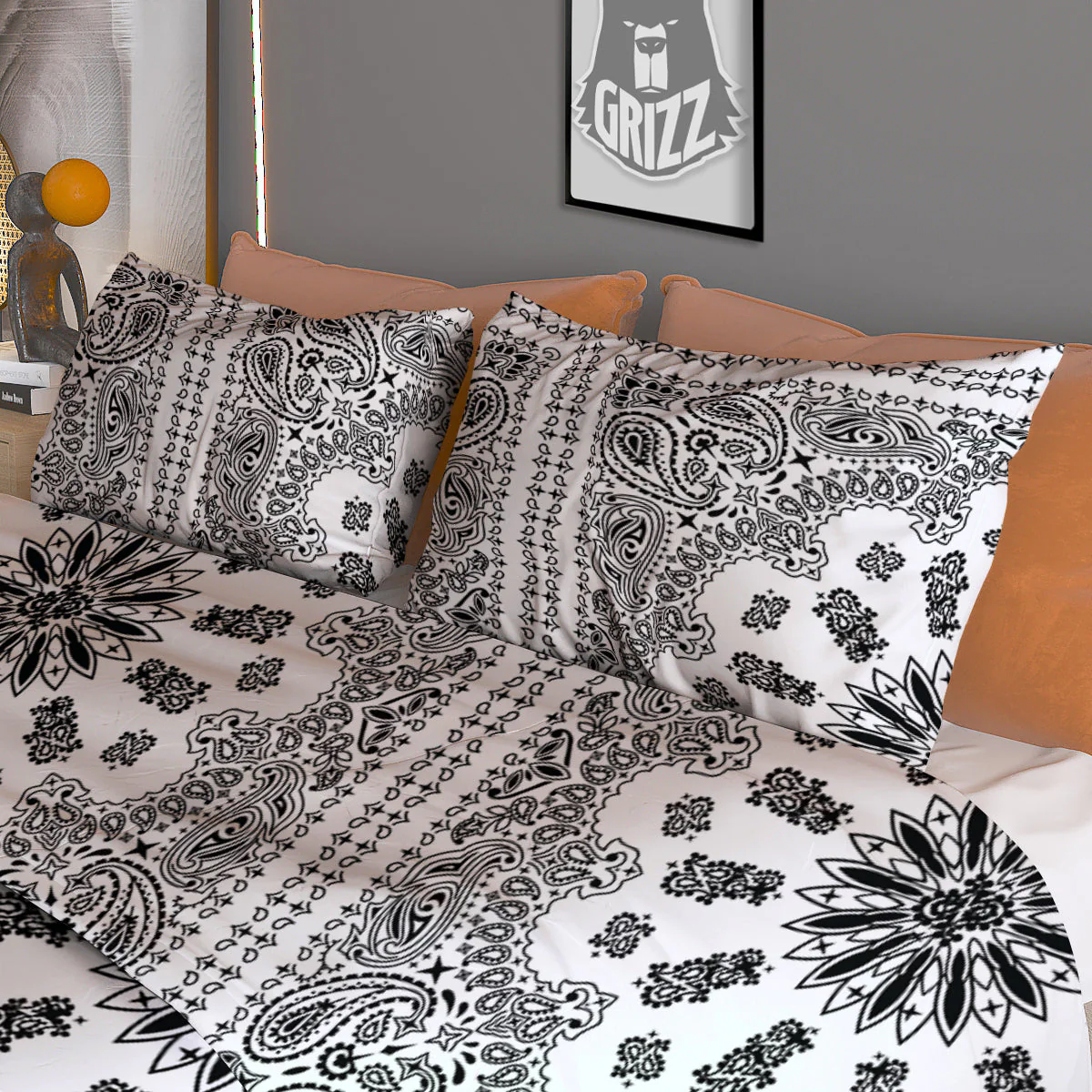 Bandana White And Black Paisley Print Pattern Duvet Cover Bedding Set - Image 3