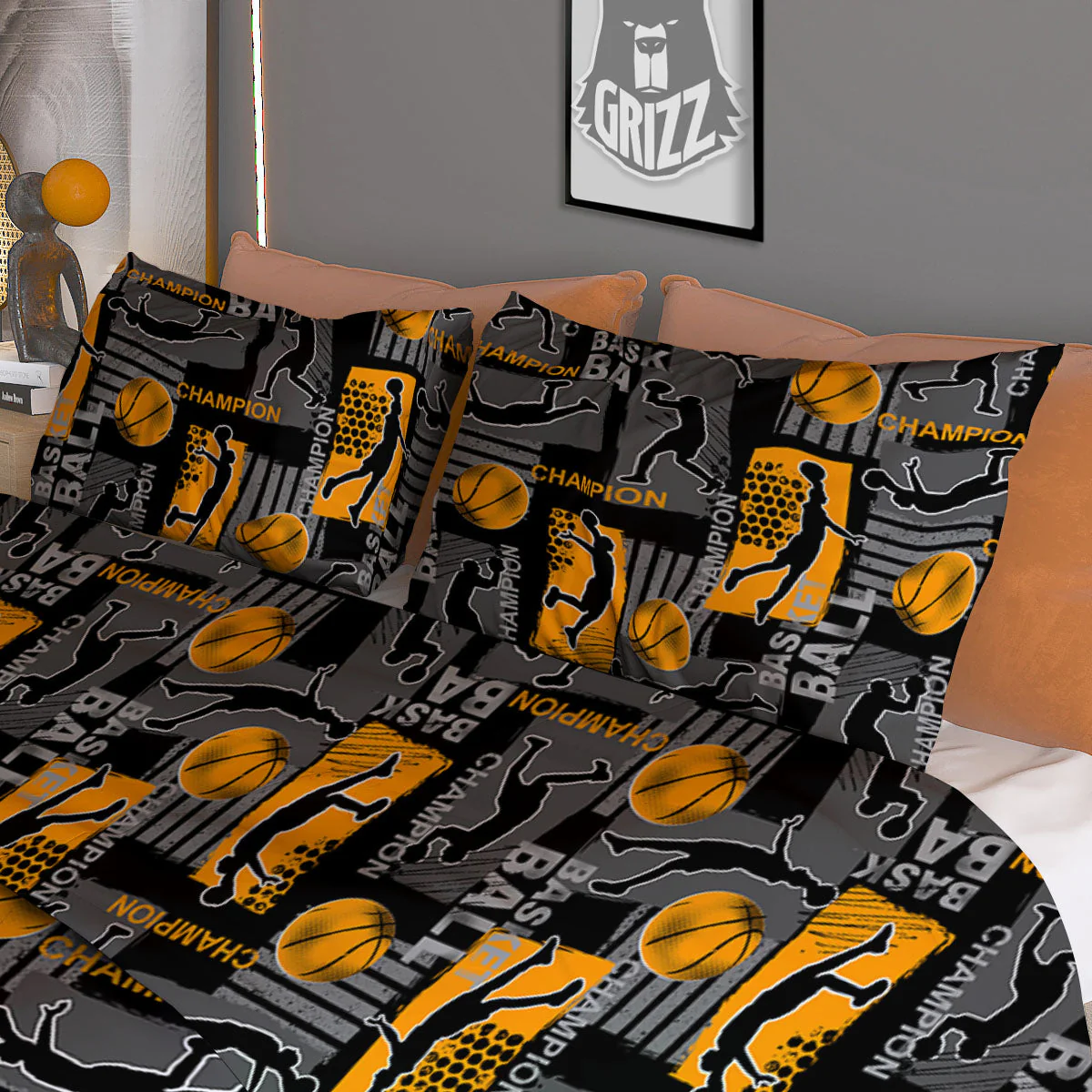 Basketball Black Yellow Print Pattern Duvet Cover Bedding Set - Image 3
