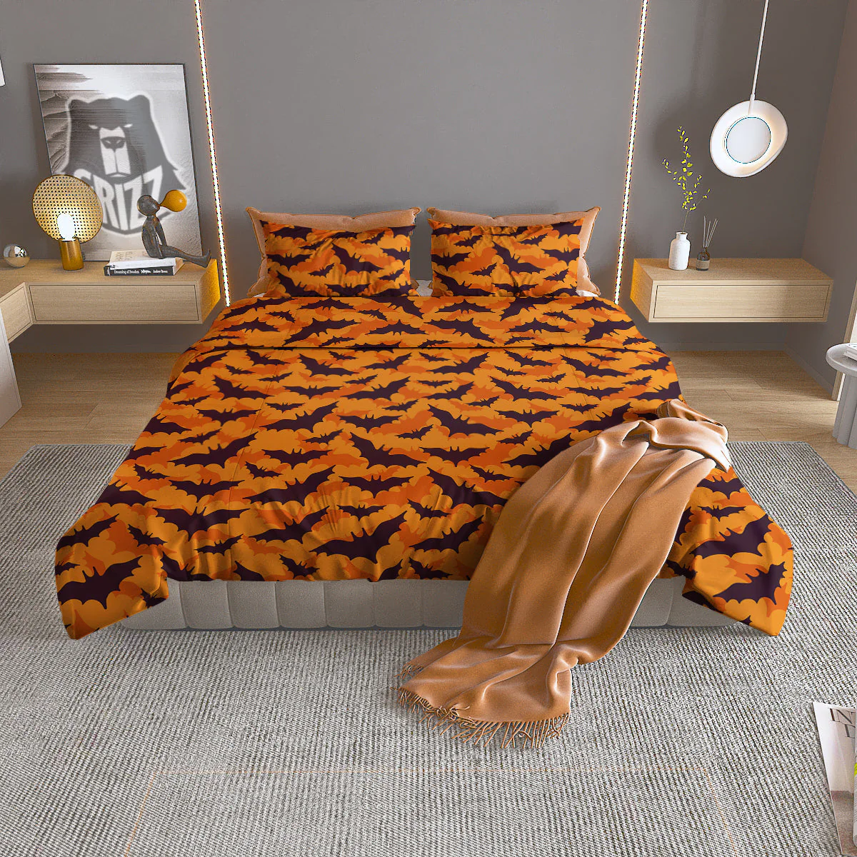 Bats Black And Orange Print Pattern Duvet Cover Bedding Set