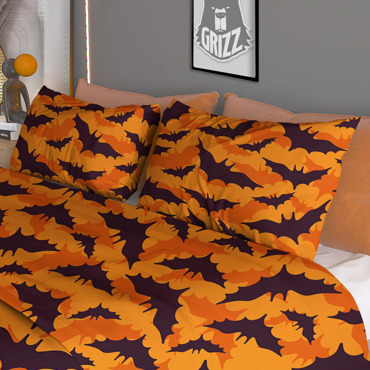 Bats Black And Orange Print Pattern Duvet Cover Bedding Set - Image 3