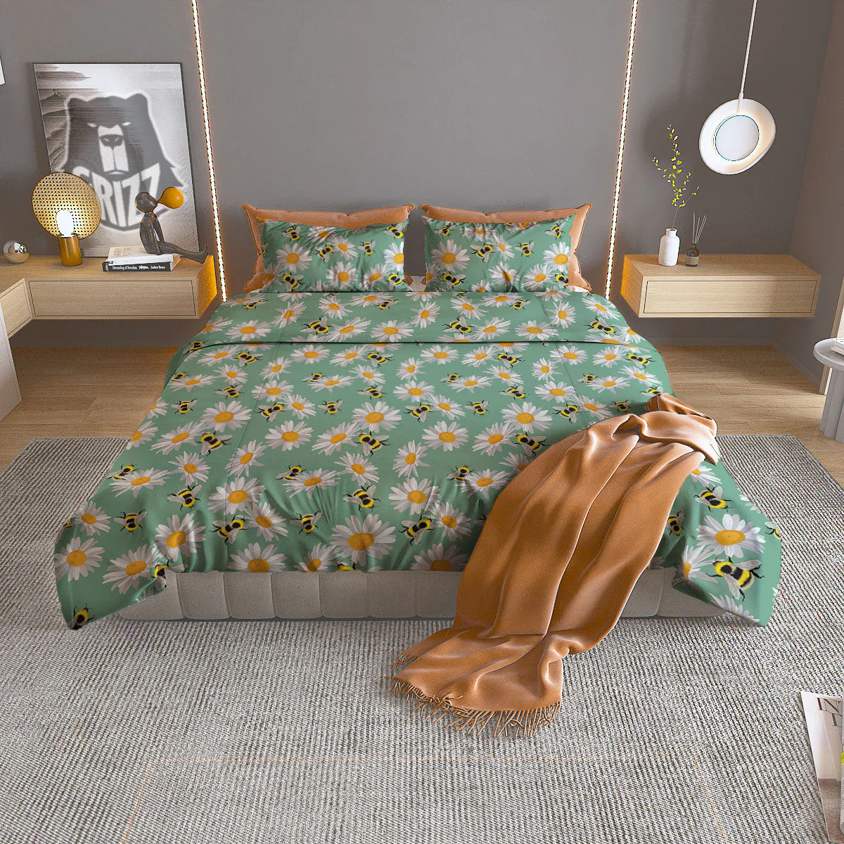 Bee Flower Print Pattern Duvet Cover Bedding Set