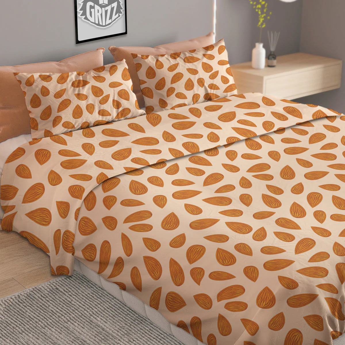 Beige Almond Print Pattern Duvet Cover Bedding Set - Image 2