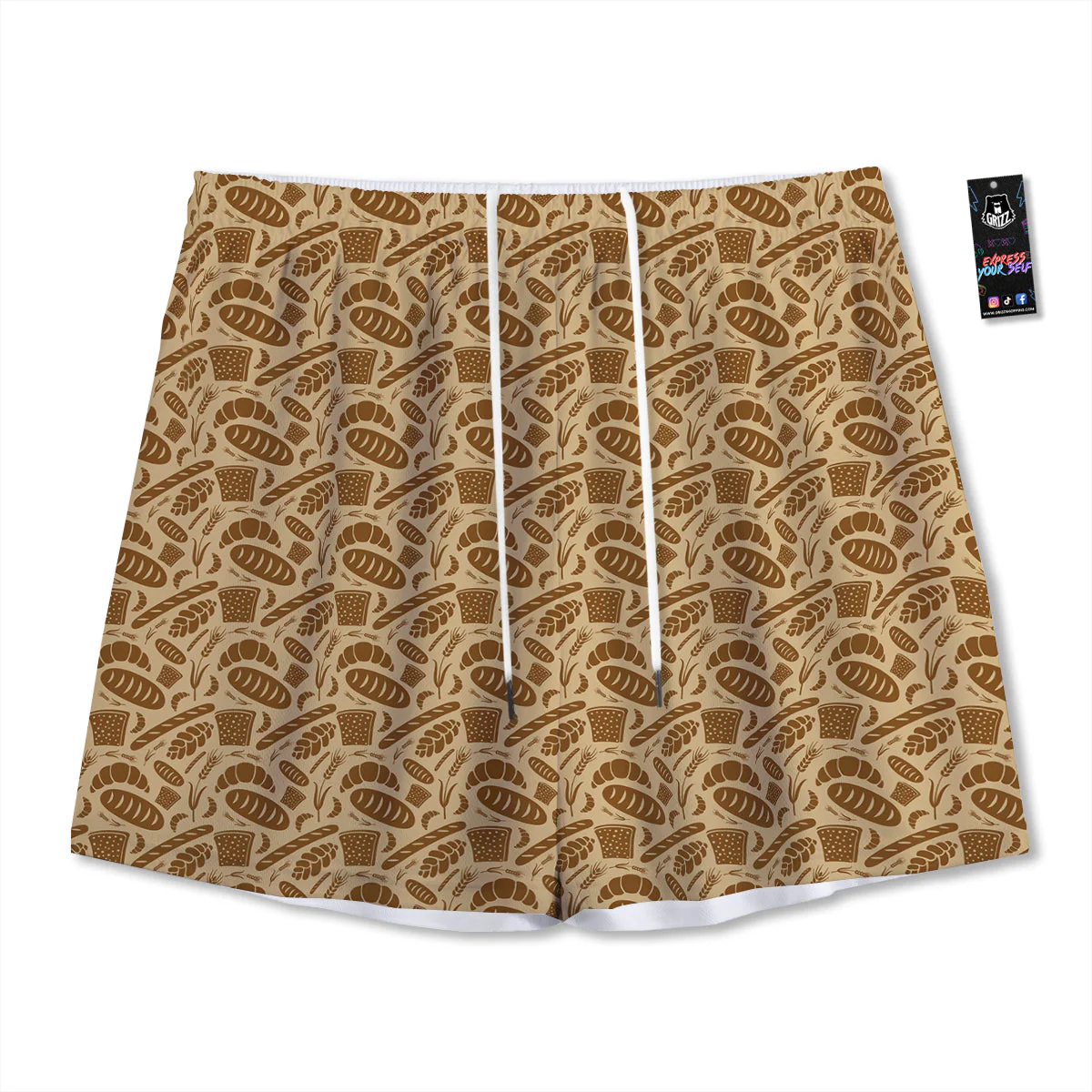 Beige Brown Bakery Print Pattern Mesh Shorts