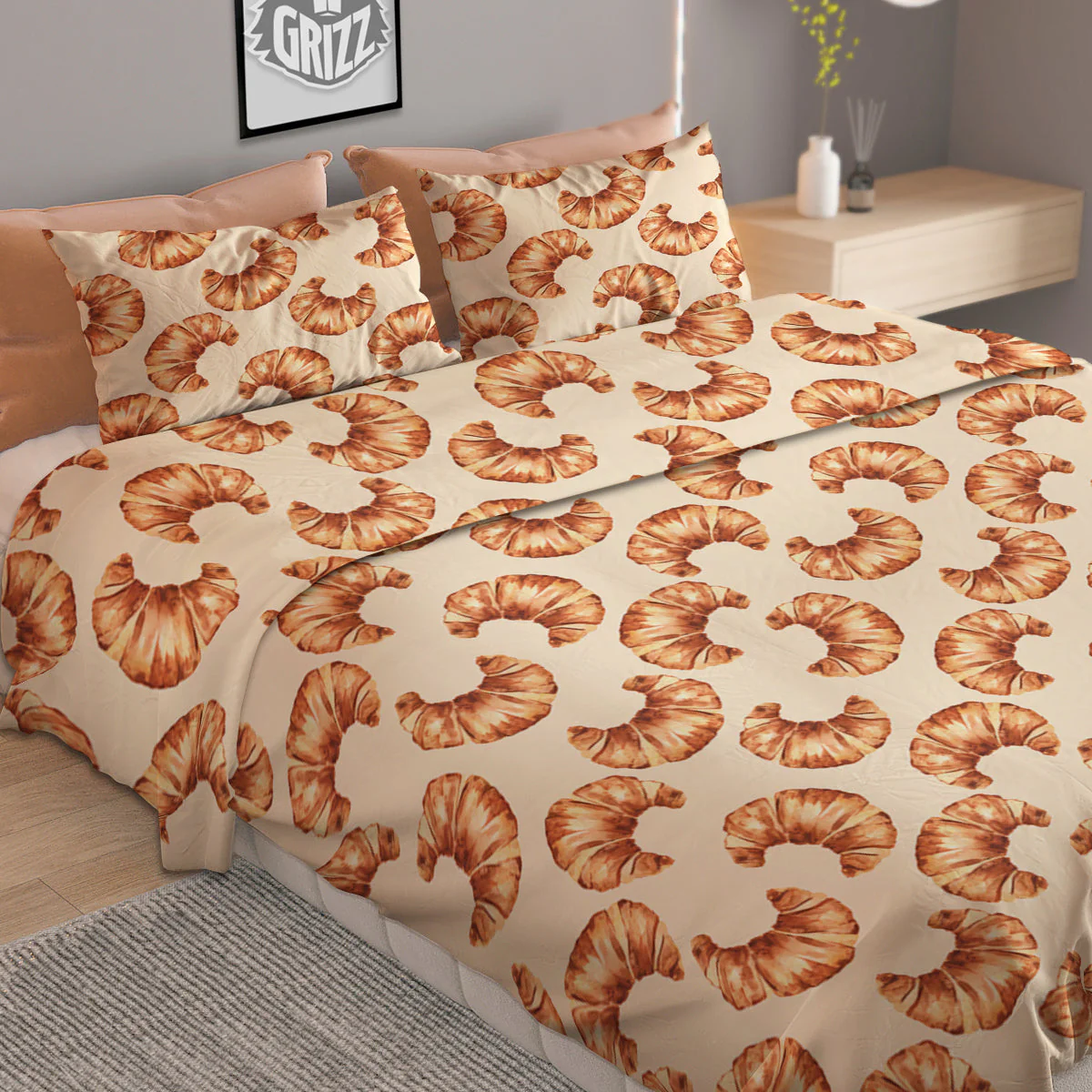 Beige Croissant Watercolor Print Pattern Duvet Cover Bedding Set - Image 2