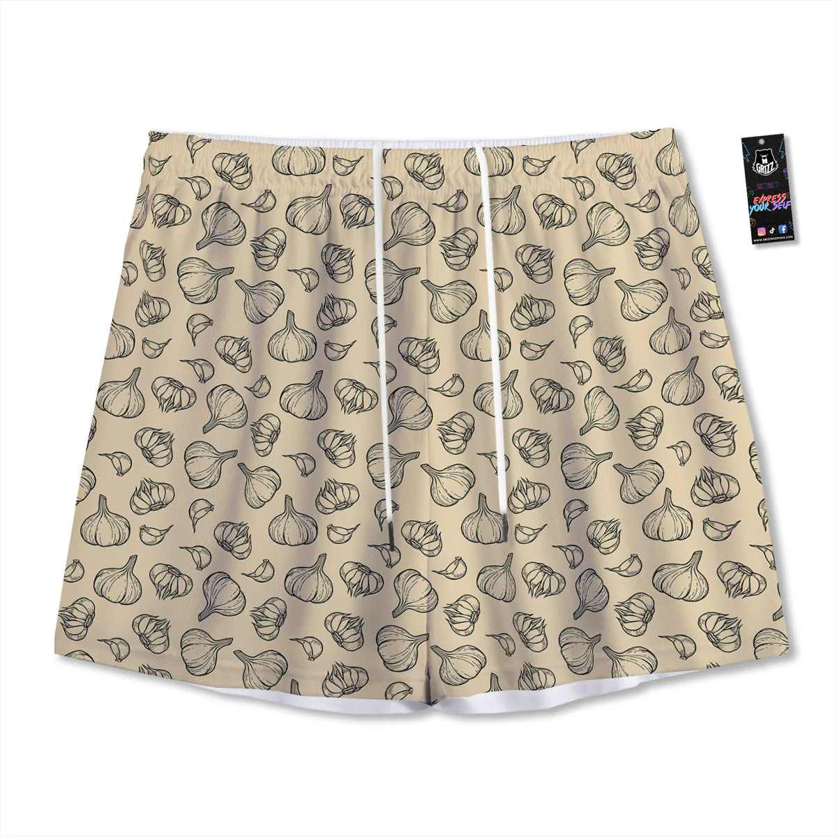 Beige Drawing Garlic Print Pattern Mesh Shorts
