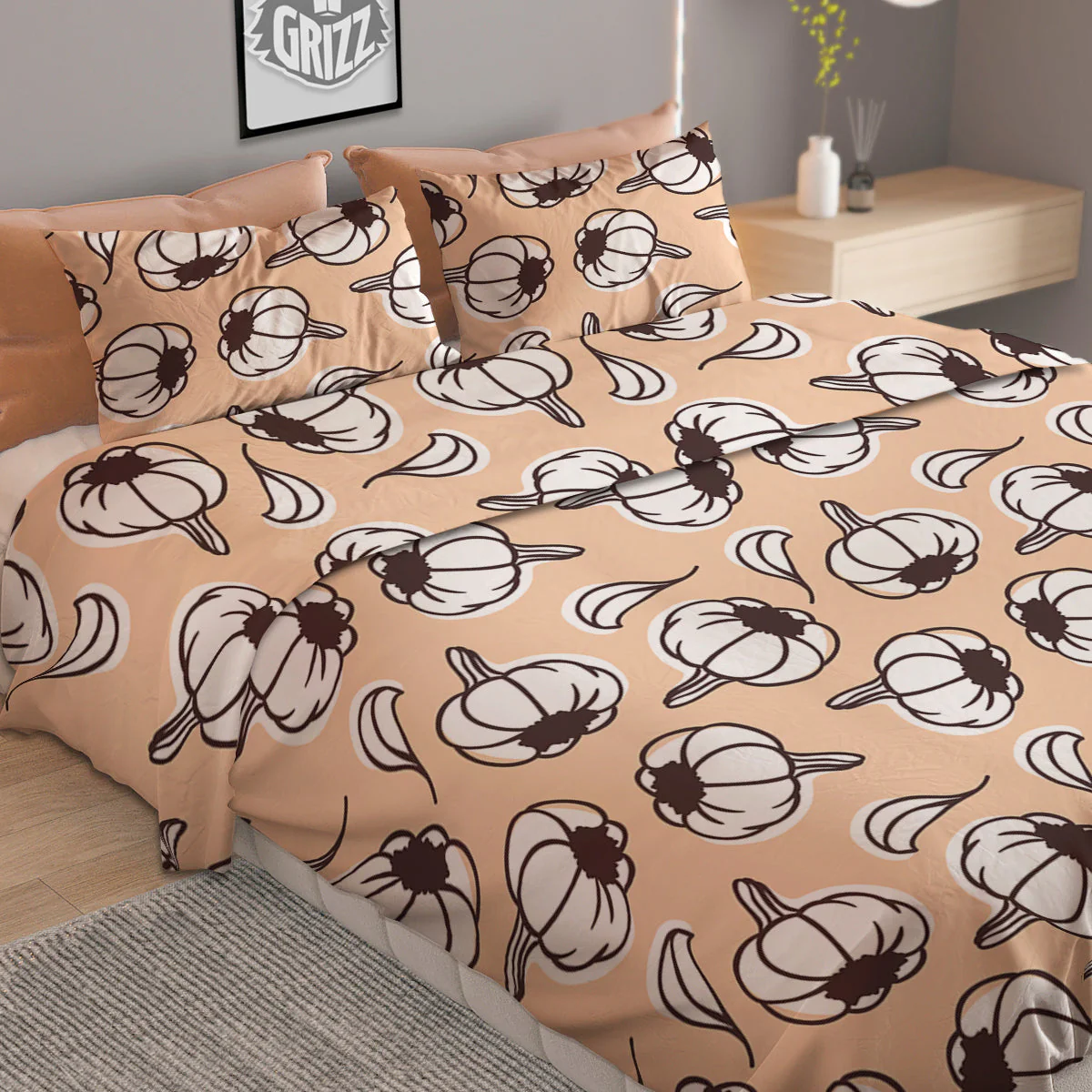 Beige Garlic Print Pattern Duvet Cover Bedding Set - Image 2