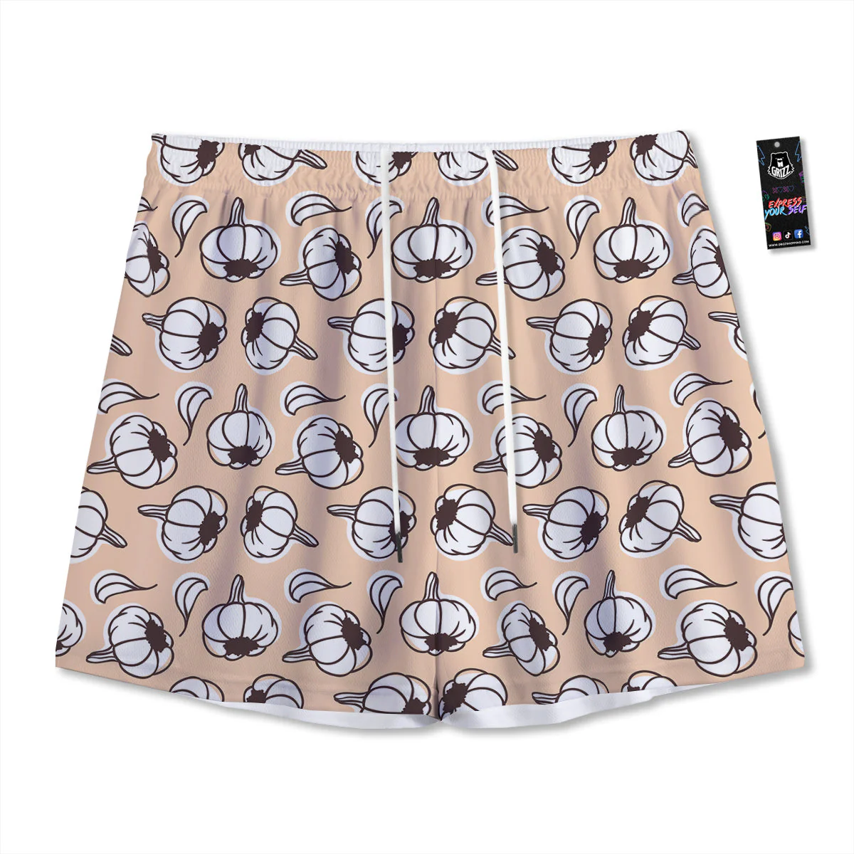 Beige Garlic Print Pattern Mesh Shorts