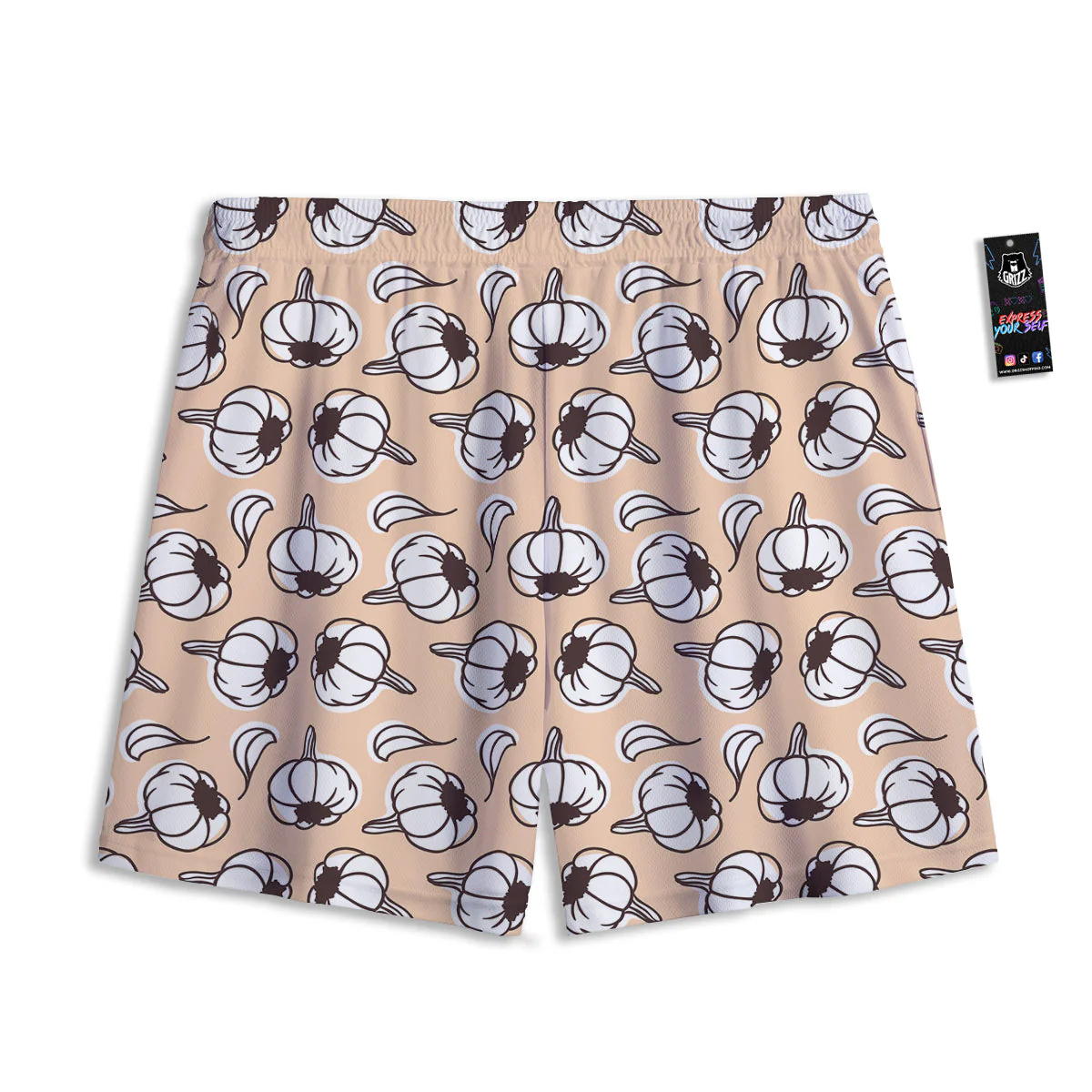Beige Garlic Print Pattern Mesh Shorts - Image 2