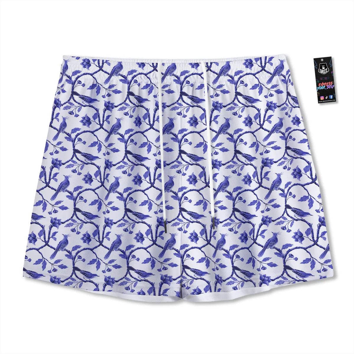 Bird Chinoiserie Print Pattern Mesh Shorts