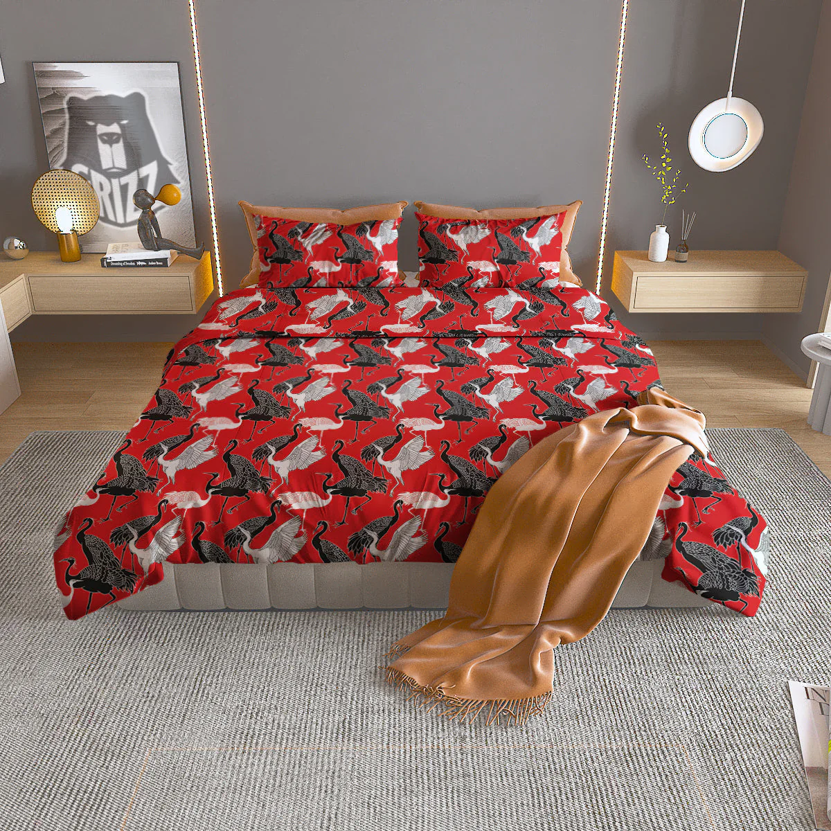 Bird Crane Print Pattern Duvet Cover Bedding Set