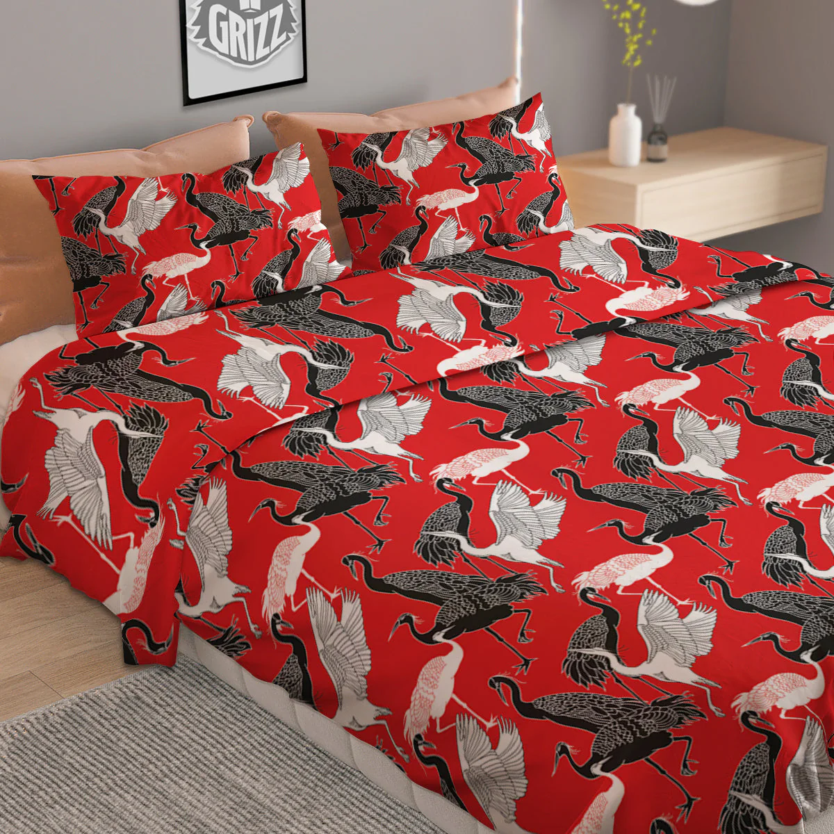 Bird Crane Print Pattern Duvet Cover Bedding Set - Image 2