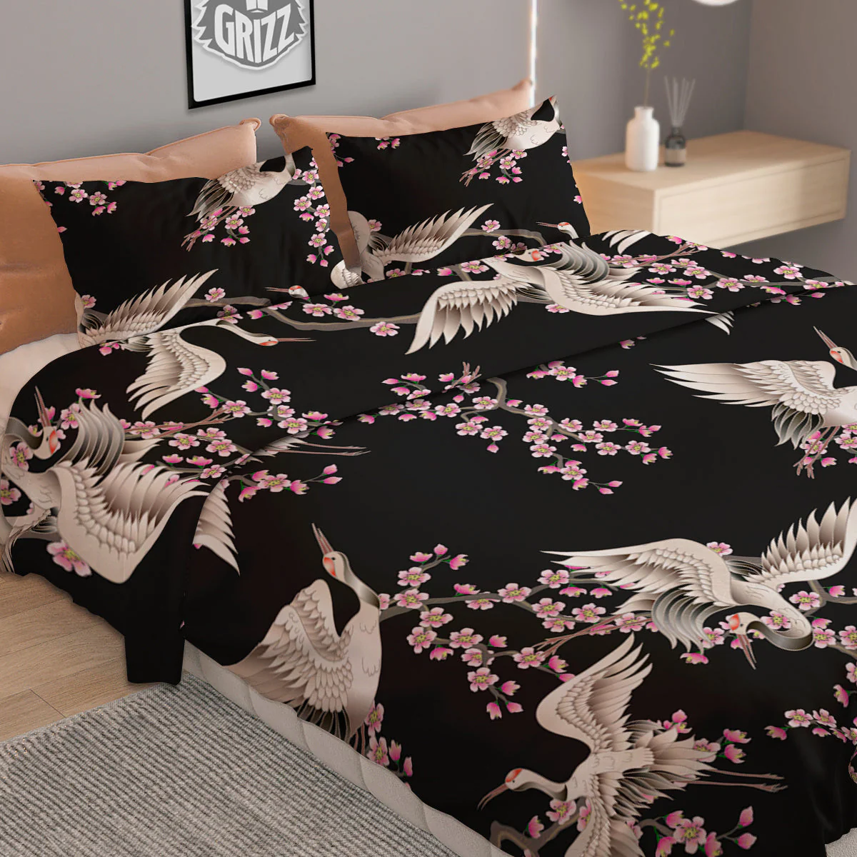 Bird Crane Watercolor Print Pattern Duvet Cover Bedding Set - Image 2