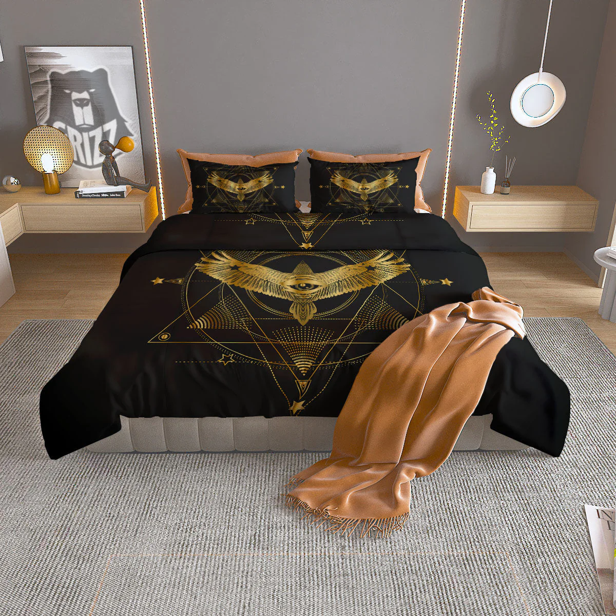 Bird Spiritual Golden Print Duvet Cover Bedding Set