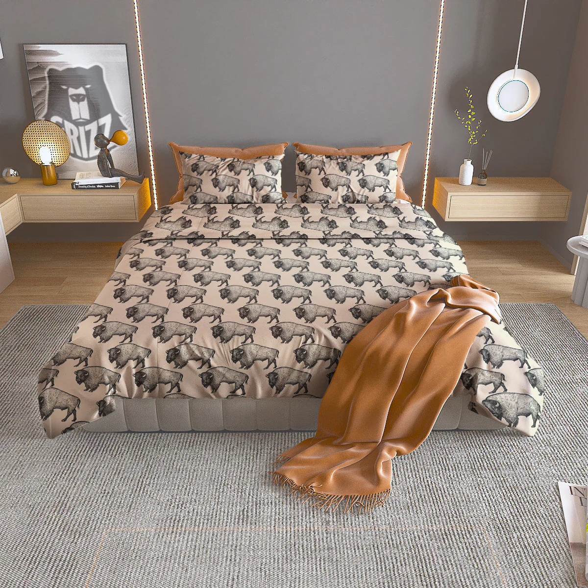 Bison Beige Print Pattern Duvet Cover Bedding Set