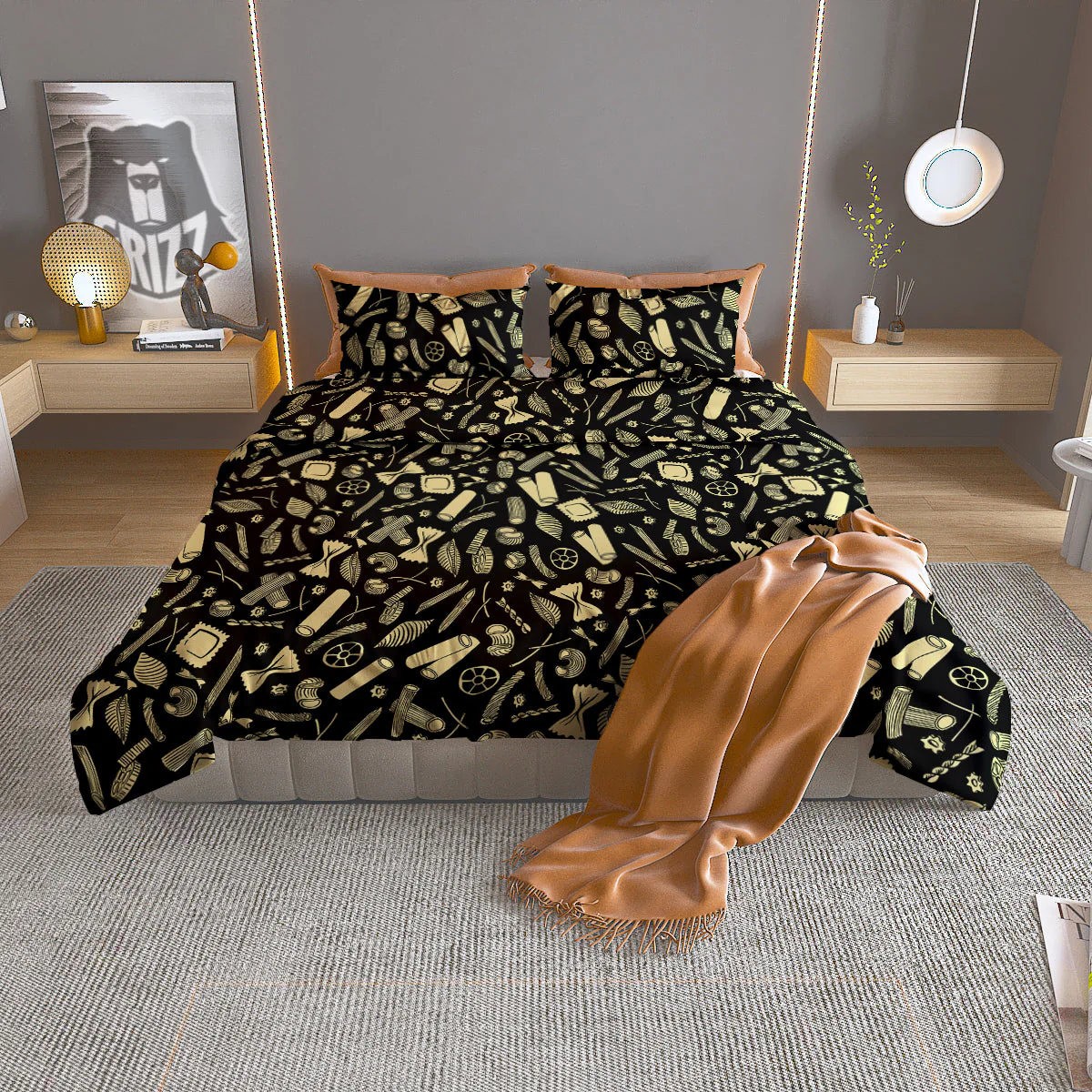 Black And Beige Macaroni Print Pattern Duvet Cover Bedding Set