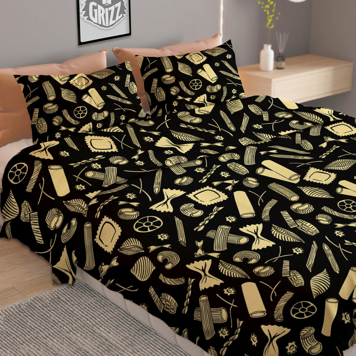 Black And Beige Macaroni Print Pattern Duvet Cover Bedding Set - Image 2