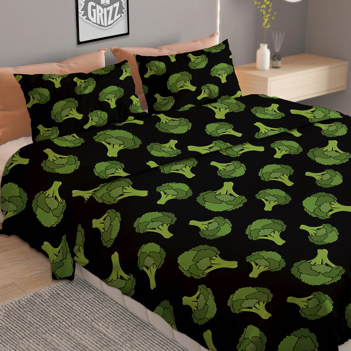 Black And Broccoli Print Pattern Duvet Cover Bedding Set - Image 2