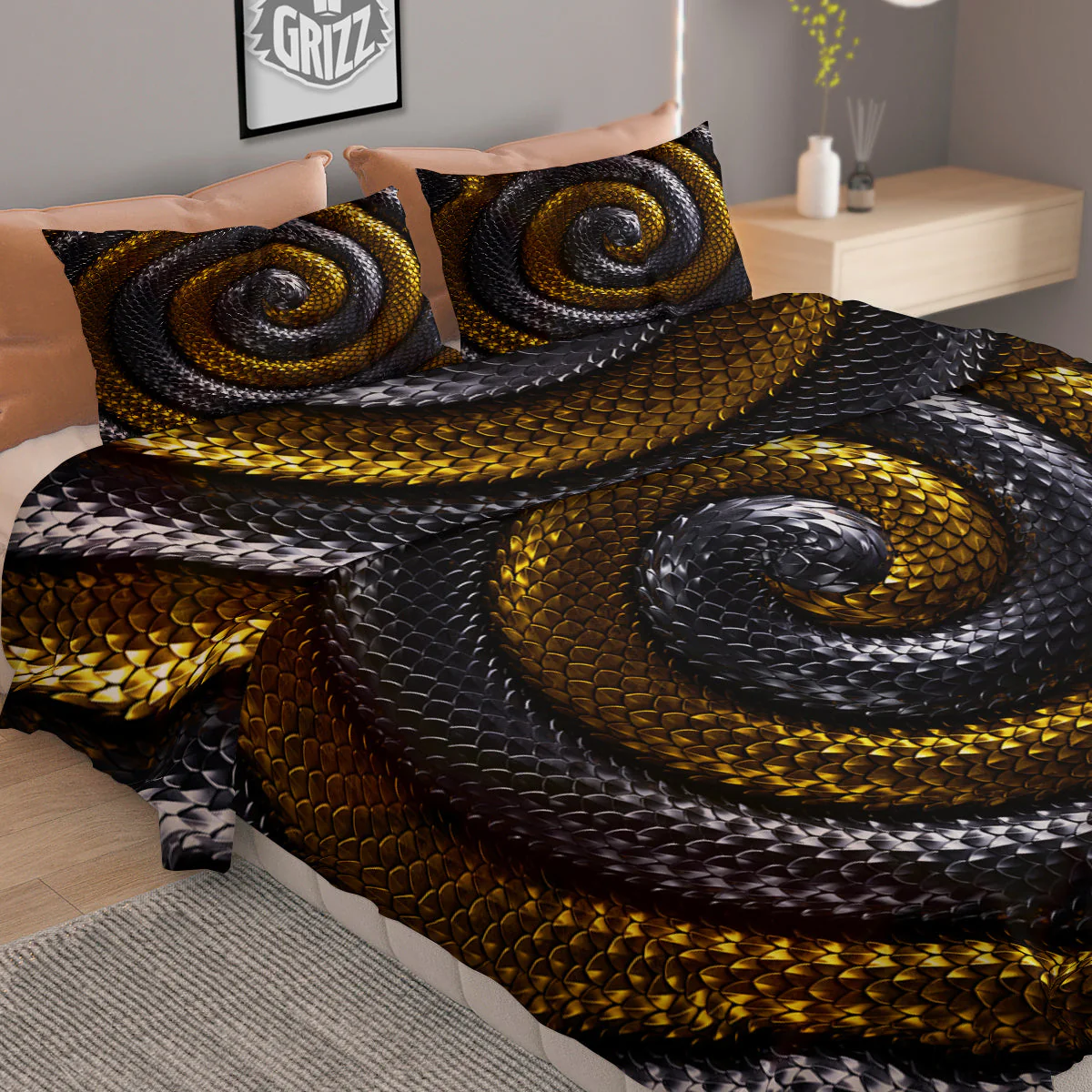Black And Gold Twisted Snakes Print Duvet Cover Bedding Set - Image 2