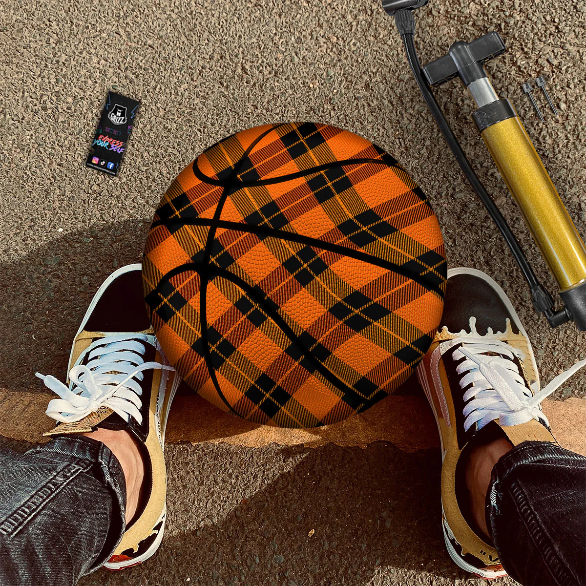 Black And Orange Plaid Print Pattern Basketball - Image 2