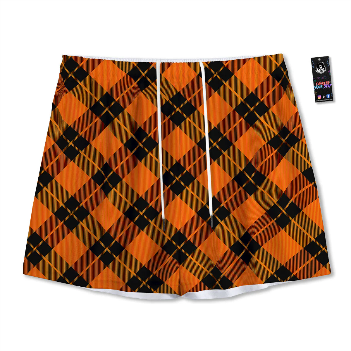 Black And Orange Plaid Print Pattern Mesh Shorts