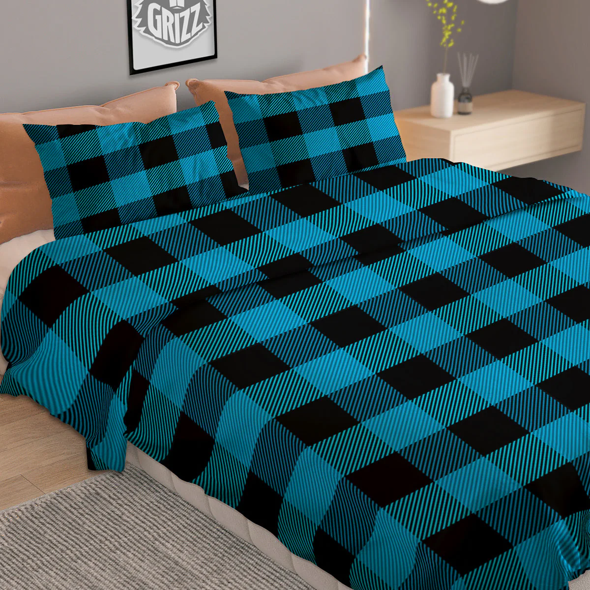 Black And Turquoise Check Print Pattern Duvet Cover Bedding Set - Image 2