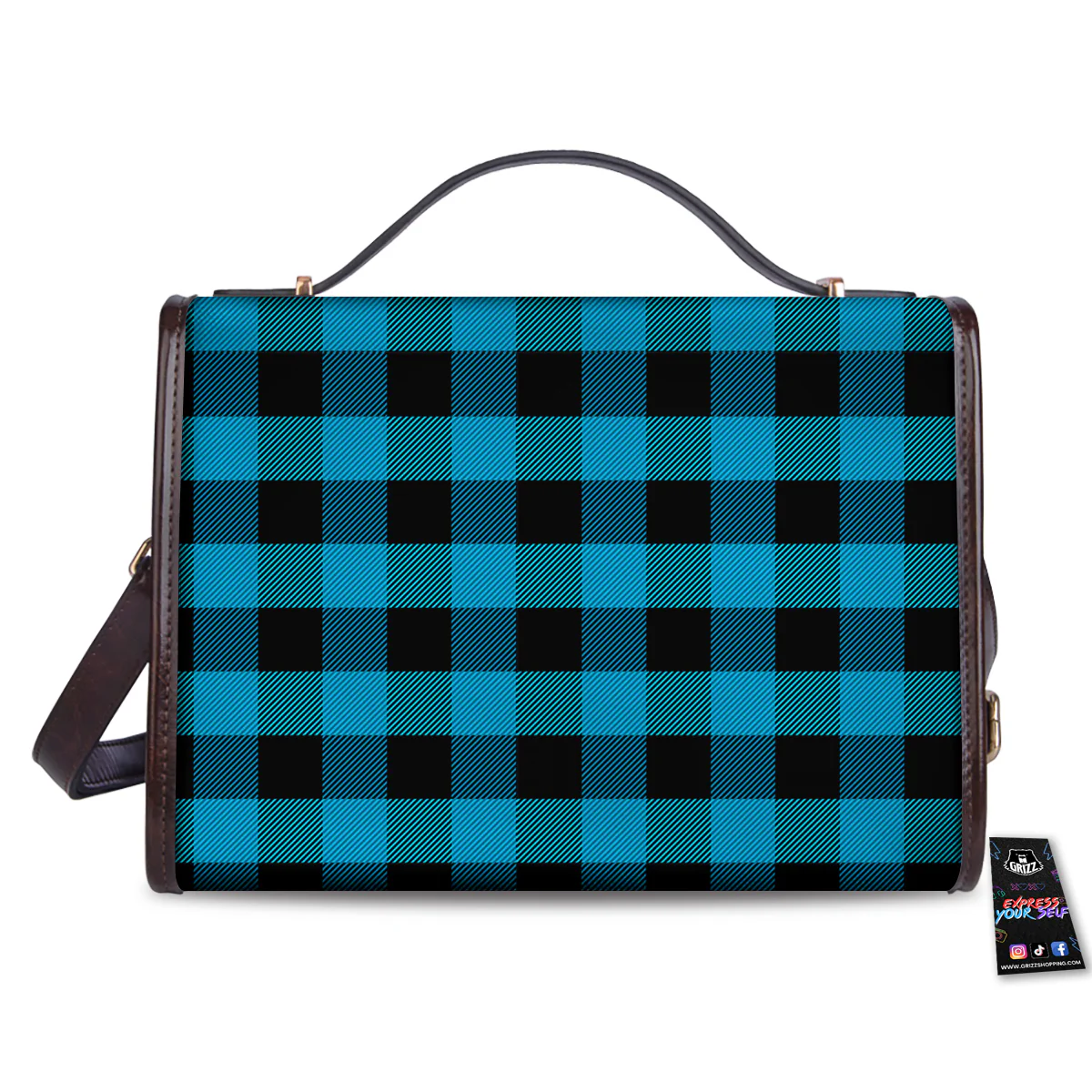 Black And Turquoise Check Print Pattern Women's Satchel Bag - Image 2
