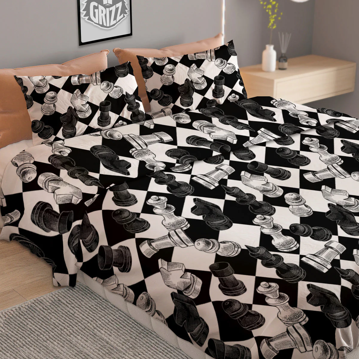 Black And White Chessboard Print Pattern Duvet Cover Bedding Set - Image 2