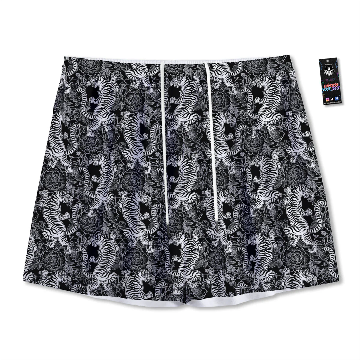 Black And White Chinese Tiger Print Pattern Mesh Shorts
