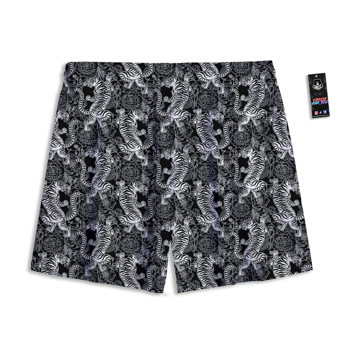 Black And White Chinese Tiger Print Pattern Mesh Shorts - Image 2