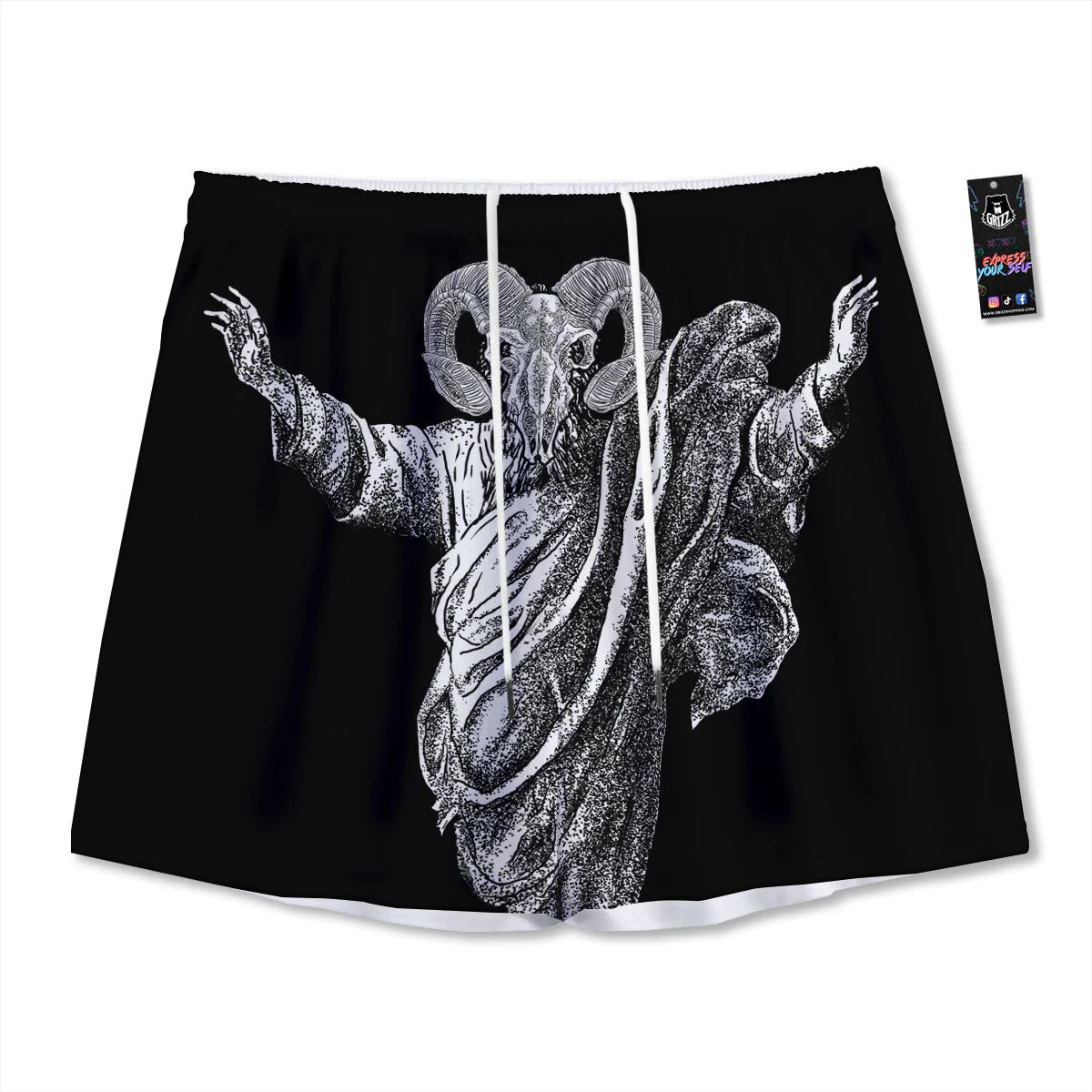 Black And White Demon Goat Print Mesh Shorts