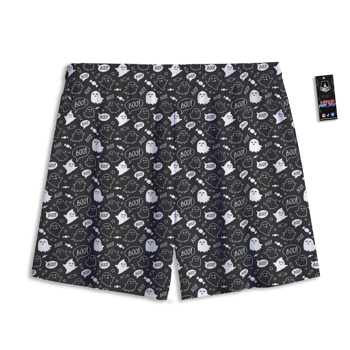 Black And White Ghost Boo Print Pattern Mesh Shorts - Image 2