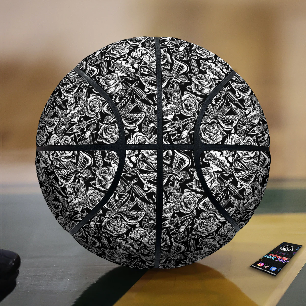 Black And White Oldschool Tattoo Print Pattern Basketball