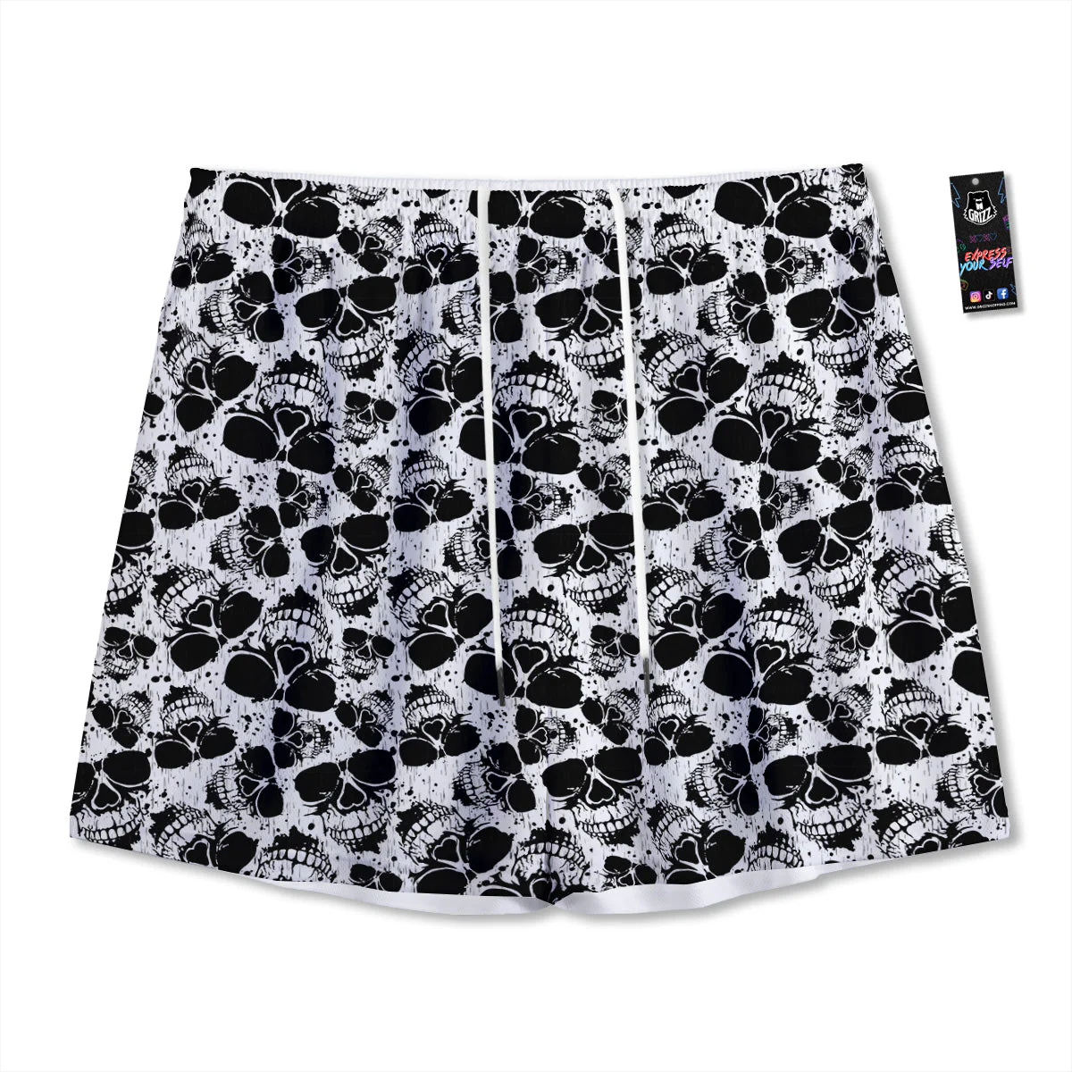 Black And White Skull Grunge Print Pattern Mesh Shorts